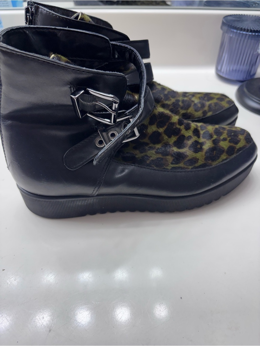 AQUATALIA Black Leather Ankle Boots with Olive Leopard Print Panel in calf hair